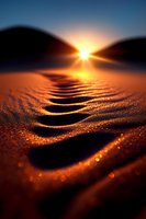Dramatic sunset over rippling water surface with golden light reflecting off waves, creating magical bokeh effect and silhouetted mountains in background.