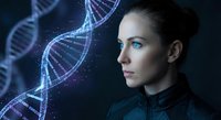 Young Caucasian woman scientist gazing at glowing DNA double helix structure in futuristic laboratory setting for biotechnology and genetic research concepts.