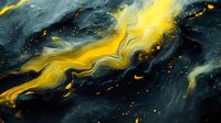 Abstract fluid art with vibrant yellow streams flowing through deep teal waters, featuring golden particles and organic wave patterns. Luxury modern wall decor.
