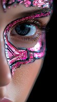 Close-up of blue eye with futuristic pink digital pattern overlay on face, representing artificial intelligence and technological transformation in beauty industry.