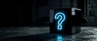 Glowing blue question mark on black cube in dark urban environment with wet pavement reflections creating mystery and intrigue for business concepts.