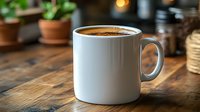 White ceramic mug filled with fresh coffee showing rich crema on rustic wooden table surface with soft bokeh background and potted plants for cafe ambiance.