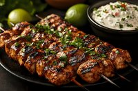 Grilled chicken kebabs with charred marks, garnished with fresh herbs, served with creamy dipping sauce and lime wedges on dark plate, close-up food photography.