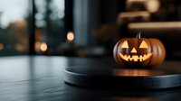 Glowing carved pumpkin with classic jack-o-lantern face on dark wooden platform, creating spooky Halloween atmosphere with soft bokeh lights in background.