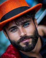 Bearded man wearing orange fedora hat and red outfit smiling at camera with bright blue eyes and dark facial hair, fashion portrait with shallow depth of field.
