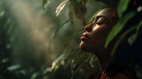 Young woman with closed eyes surrounded by lush green foliage in atmospheric sunlight, creating a serene nature connection moment for wellness and mindfulness content.