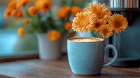 Steaming coffee cup with latte art next to vibrant orange gerbera daisies in soft morning light, turquoise ceramic mug on wooden surface creates cozy atmosphere.