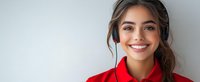 Young woman in red sweater wearing headphones smiling at camera against white wall background, casual lifestyle portrait for audio and music content.