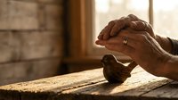 Elderly hands clasped in prayer over wooden table with warm sunlight streaming through window creating peaceful spiritual moment for meditation.