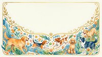 Decorative border frame with cute cartoon dogs and puppies in watercolor style surrounded by floral elements and ornamental swirls on cream background.