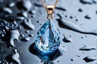 Elegant teardrop crystal pendant in aqua blue on rose gold chain against dark wet surface with water drops, luxury jewelry macro photography.