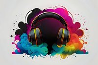 Modern black headphones floating on vibrant rainbow smoke background, perfect for music events, DJ promotion, or audio entertainment marketing materials.