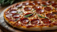 Freshly baked pepperoni pizza with melted mozzarella cheese, crispy crust, and aromatic rosemary herbs on wooden serving board, close-up view in warm lighting.