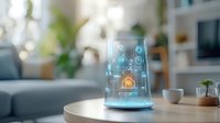 Futuristic smart home hologram projecting from glass device on coffee table shows connected house icons and automation interface in modern living room setting.