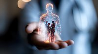 Glowing holographic figure with small people silhouettes inside floating above open palm against blurred background, representing human resources and leadership concept.