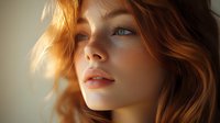 Young woman with red hair and blue eyes in soft golden sunlight, natural makeup and glowing skin, side profile portrait with dreamy atmospheric lighting.