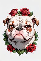 Smiling bulldog face surrounded by red roses and green leaves on white background, cartoon style illustration for t-shirts and merchandise designs.