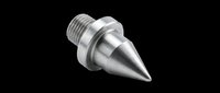 Stainless steel threaded nozzle tip with conical point, isolated on transparent background, ready for clipart, print on demand, stickers, and technical design use.
