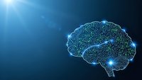 Digital brain with glowing neural network connections on blue background for artificial intelligence and technology concepts.