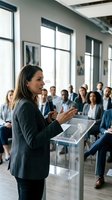 Professional businesswoman delivering presentation to diverse corporate audience in modern conference room with natural lighting.