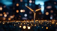 Wind turbine silhouette against bokeh lights background at dusk creates magical atmosphere with golden glowing dots scattered across dark landscape. Sustainable energy concept.