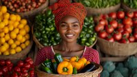 Young African woman in traditional headwrap smiling while holding fresh produce basket at local market, surrounded by colorful vegetables and fruits in woven baskets.