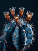 Blooming blue barrel cactus with orange-copper flowers against dark background, showcasing desert plant's natural beauty and intricate texture.
