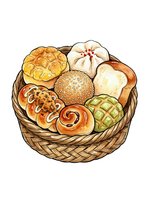 Wicker basket filled with assorted fresh baked goods including croissants, rolls, and artisan breads. Isolated clipart suitable for bakery menus, food packaging, and culinary designs.