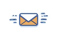 Fast moving envelope icon in orange and blue outline style with motion lines, isolated on white background for email and messaging design elements.