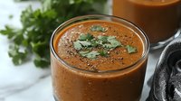 Fresh tomato gazpacho soup with herbs in glass garnished with basil leaves, cold summer appetizer for healthy dining and restaurant menu.