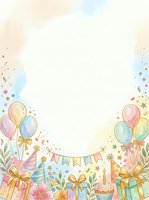 Watercolor celebration border with colorful balloons, wrapped gifts, bunting, cupcakes, and confetti on cream background. Isolated design element for greeting cards, invitations, posters, and party planning materials.