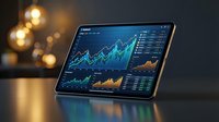 Digital tablet displaying financial charts and graphs with glowing data visualization on dark background for business analytics and trading applications.
