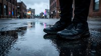 Person standing in wet black sneakers on a rain-soaked urban street with puddles reflecting city lights on a cloudy day.