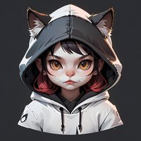 Anime style portrait of young girl with cat features wearing white hoodie, dark hair with red highlights and amber eyes on dark background. Artistic character design.
