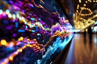 Financial market data visualization with glowing stock charts and trading graphs against blurred city lights background, combining technology and finance.