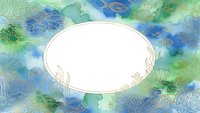 Watercolor frame with blue and green abstract shapes, gold line art details. Oval white space for text or design elements in center.
