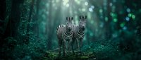 Two zebras standing together in mystical forest with sunbeams filtering through dense green foliage creating magical atmosphere for wildlife photography.