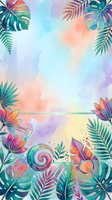 Watercolor tropical botanical frame with colorful monstera and palm leaves, lotus flowers, and pastel gradient background. Isolated design element for invitations, posters, social media graphics, and creative projects.