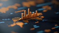 Financial data visualization with glowing orange bar charts rising from digital circuit board surface against dark background showing market analytics and growth trends.