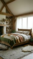 Cozy rustic bedroom with exposed wooden beams, natural textiles and warm earth tones creating peaceful farmhouse interior design atmosphere.