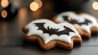 Halloween bat cookies with white icing on dark surface with warm bokeh lights in background for seasonal baking and festive treats.
