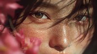 Close-up of young Asian woman's face with brown eyes and freckles, partially obscured by windblown hair and pink cherry blossoms in soft sunlight.
