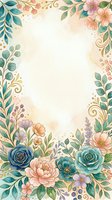Watercolor floral frame with roses, peonies, and botanical leaves in teal, pink, and gold tones on cream background. Isolated design ready for invitations, cards, and print projects.