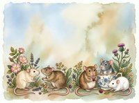 Adorable mice family gathering among wildflowers and herbs in soft watercolor style for children's books, nursery decor, greeting cards.