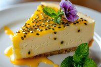 Passion fruit cheesecake slice with fresh mint leaves and edible purple flower garnish on white plate, drizzled with tropical fruit sauce and black seeds.