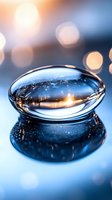 Clear water drop with golden light reflection on blue surface creates magical macro photography effect with bokeh background and mirror reflection.