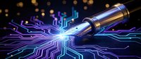 Futuristic pen writing on glowing circuit board with purple and blue digital pathways, representing technology innovation and digital transformation concepts.