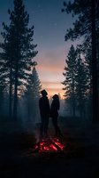 Silhouetted couple standing by glowing campfire in forest at dusk, surrounded by tall pine trees under starlit sky. Perfect for travel, adventure, romance, and outdoor lifestyle content.