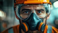 Close up portrait of construction worker wearing protective orange hard hat, safety goggles and respirator mask against hazardous materials and dust at industrial site.