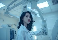 Young Asian female medical professional in white coat standing in modern hospital radiology department with diagnostic equipment and monitors in blue-tinted lighting.